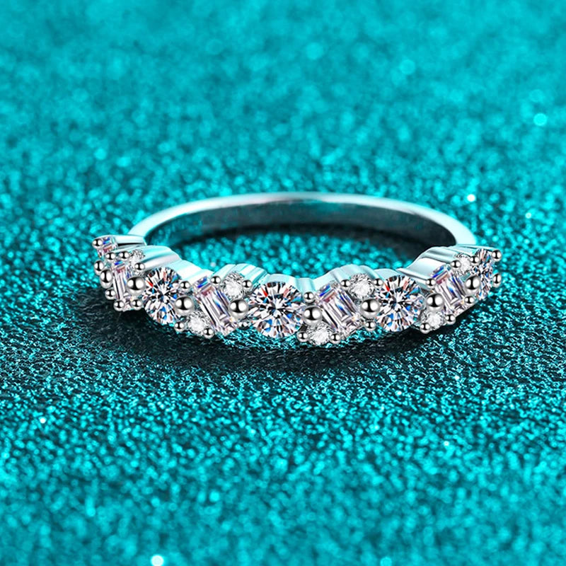 0.9 CT Moissanite Ring – Emerald/Round Cut Half Eternity