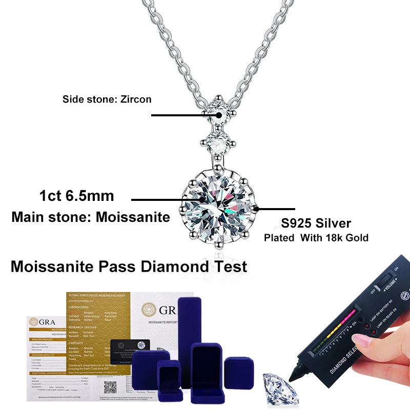 NeeTim 1ct 6.5mm D Color Moissanite Diamond Pendant Necklace 925 Sterling Silver Neck Chain Necklaces with GRA Gift for Women