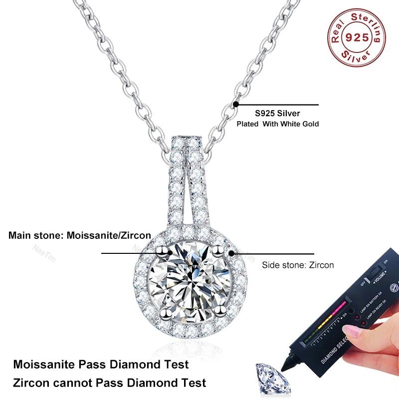 NeeTim 1ct 2ct 5ct Moissanite Necklace for Women Sterling Silver 925 with White Gold Plated Lab Diamond Sparkling Pendant GRA