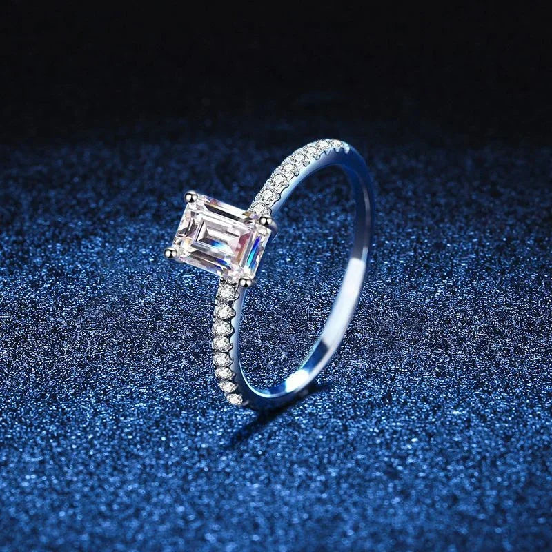 1 CT Moissanite Emerald Cut Ring – 925 Silver White Gold Plated