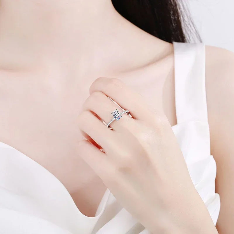 1 CT Moissanite Emerald Cut Ring – 925 Silver White Gold Plated