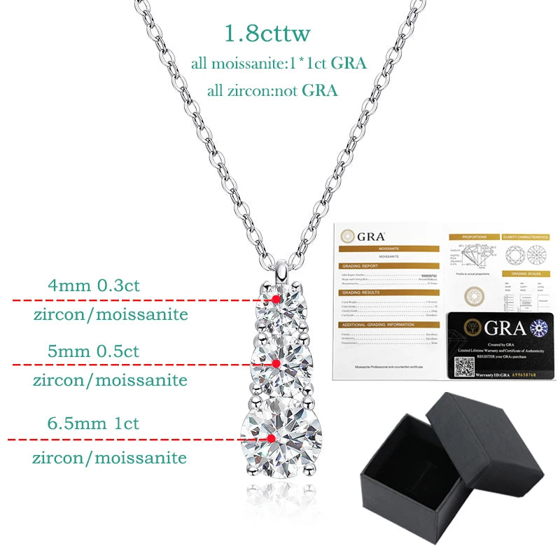 Smyoue 1.8cttw GRA Certified Moissanite Necklace for Women 3 Stones Sparkling Simulated Diamond 925 Sterling Silver Jewelry