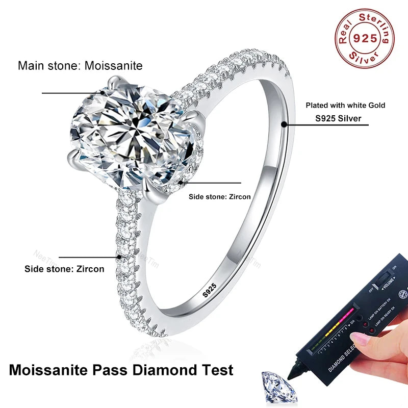 NeeTim 1ct 2ct 3ct Oval Cut Moissanite Rings for Women 925 Sterling Silver Lab Diamond Wedding Engagement Ring Gemstone Band GRA