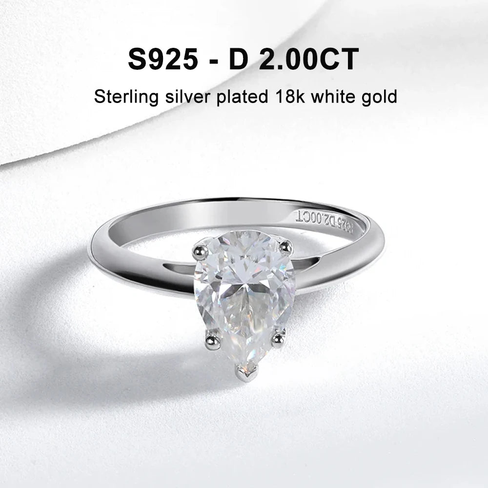 KNOBSPIN 7*10mm 2ct Pear Cut Moissanite Solitaire Rings for Women D VVS1 Lab Diamond Fine Jewelry Solid 925 Silver Wedding Ring