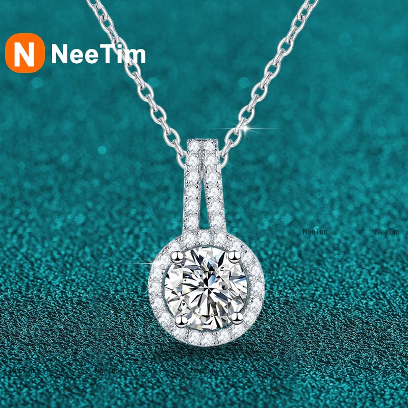 NeeTim 1ct 2ct 5ct Moissanite Necklace for Women Sterling Silver 925 with White Gold Plated Lab Diamond Sparkling Pendant GRA