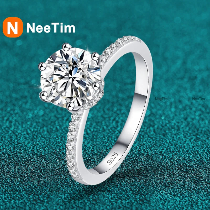 NeeTim 2ct D VVS1 Color Moissanite Engagement Ring For Women 925 Sterling Silver with Gold Plated Rings Wedding Jewelry Bands