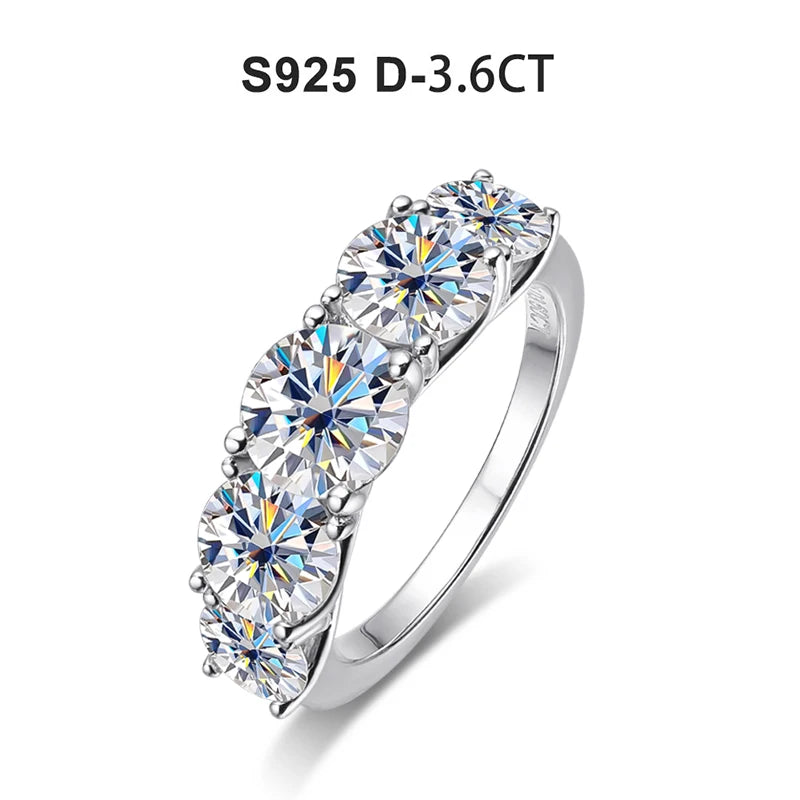 KNOBSPIN 5 Stones 3.6CT D Color Moissanite Rings for Women Sparkling Diamonds with Certificates 925 Sterling Sliver Wedding Ring