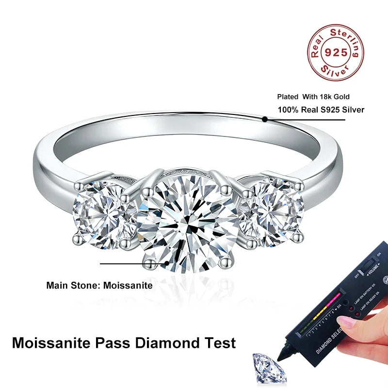 NeeTim Full D Color Moissanite Ring 925 Sterling Silver Rings for Women 3-Stone Proposal Engagement Wedding Bands Party Jewelry