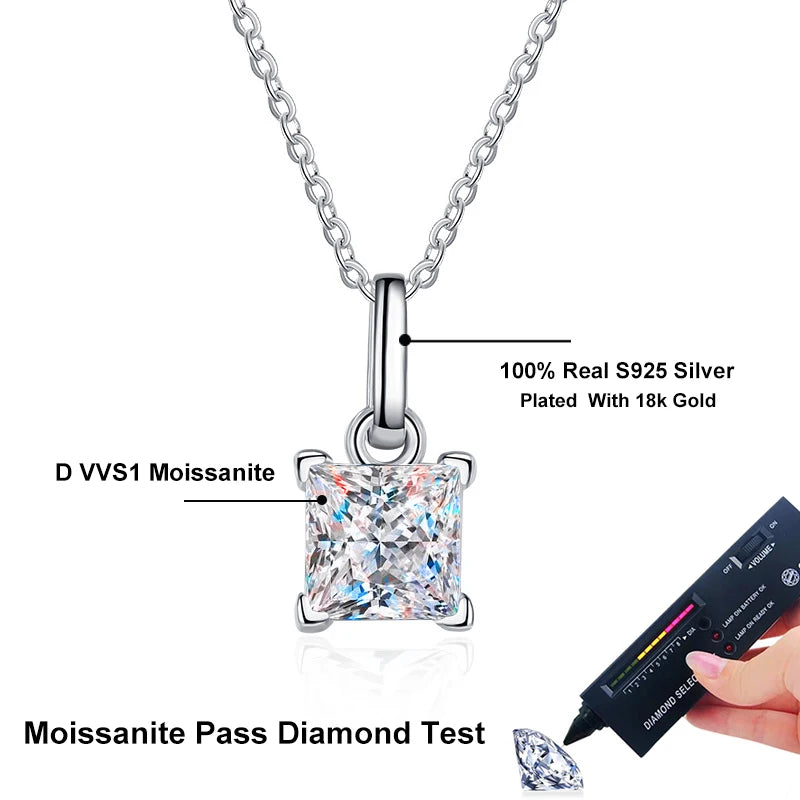 NeeTim 1.2ct Princess Cut Moissanite Necklace Pendant S925 Sterling Silver Party Wedding Dimond Necklaces For Women Certified
