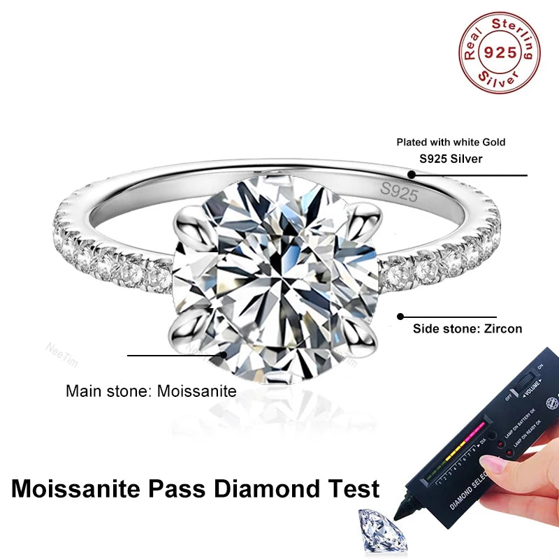 NeeTim 5ct D Color Moissanite Ring S925 Sterling Sliver with Plated White Gold Eternity Band Wedding Engagement Rings For Women