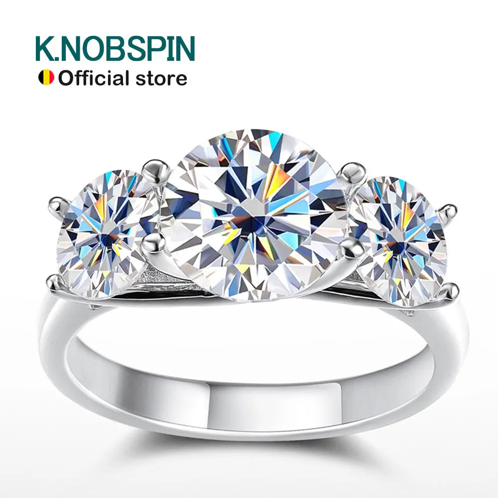 KNOBSPIN 5CT 3 Stones Moissanite Engagement Rings for Women GRA Certified s925 Sterling Silver Wedding Rings, Mother Gift Ring