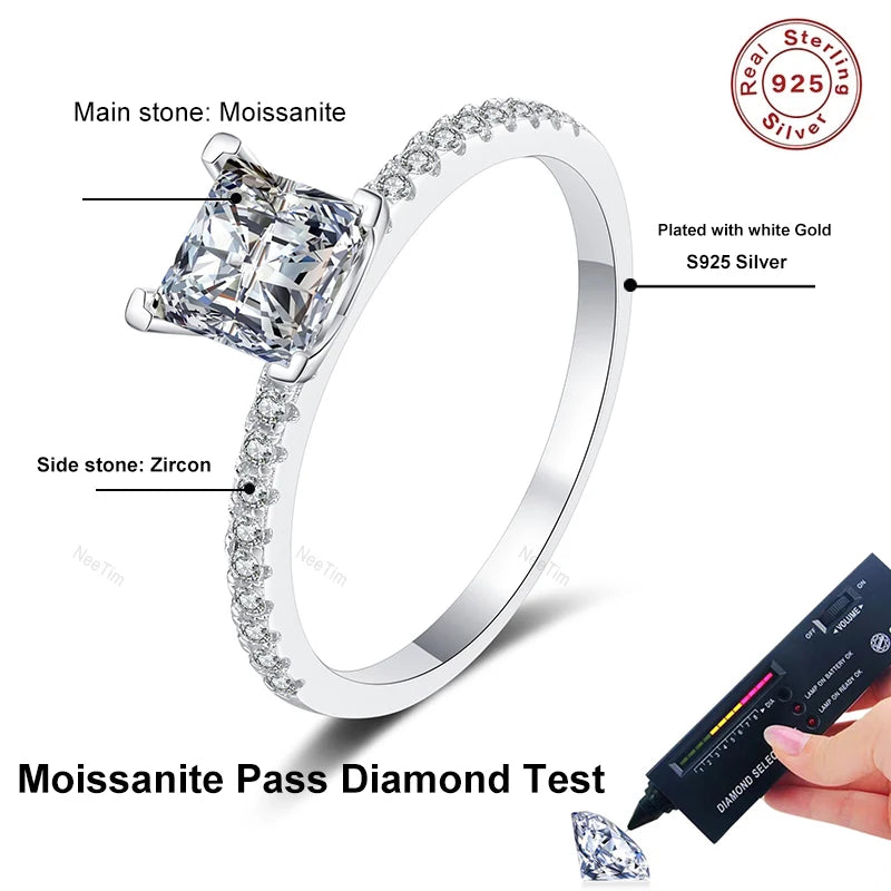 NeeTim 1ct 2ct Princess Moissanite Engagement Ring for Women D VVS1 Diamond Proposal Bridal Rings Sterling Silver Wedding Band