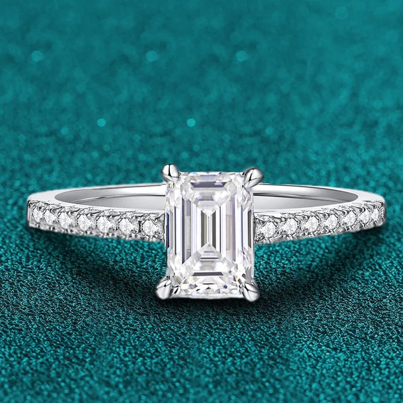 1 CT Moissanite Emerald Cut Ring – 925 Silver White Gold Plated