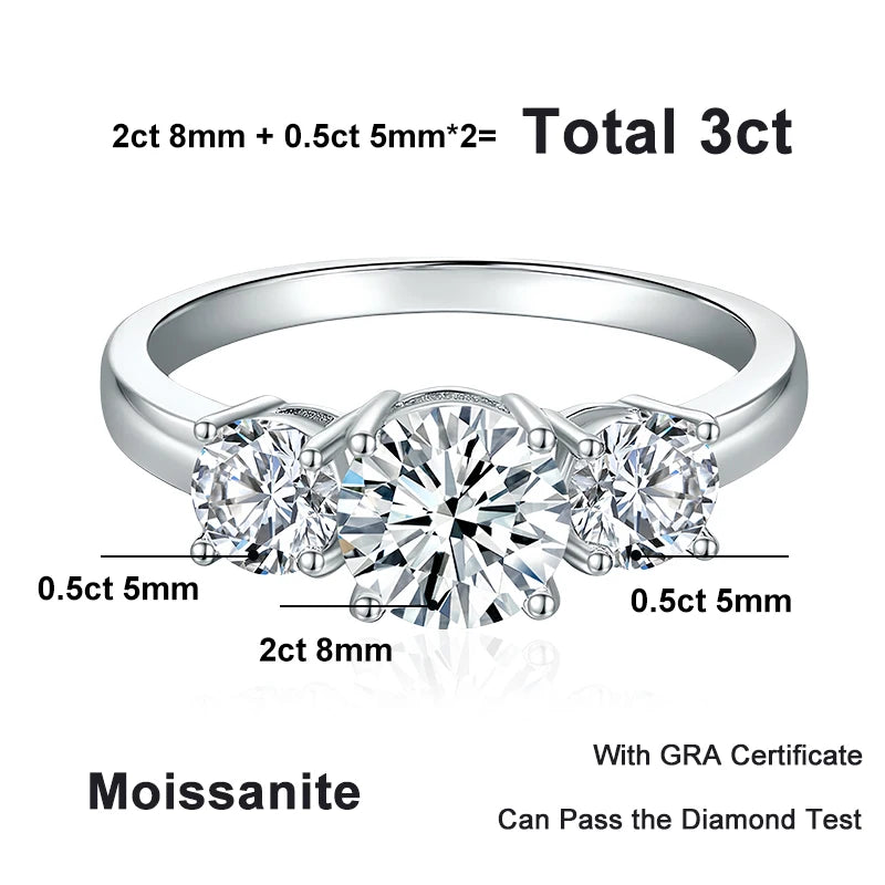 NeeTim Full D Color Moissanite Ring 925 Sterling Silver Rings for Women 3-Stone Proposal Engagement Wedding Bands Party Jewelry