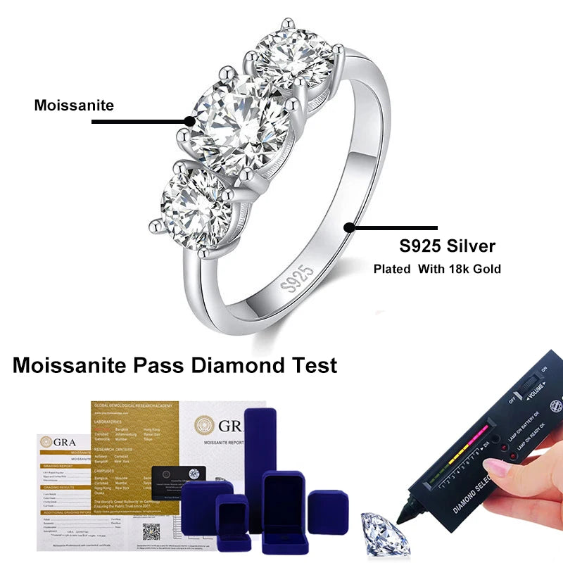 NeeTim 4CT Moissanite Engagement Ring for Women 3-stone S925 Sterling Silver with Gold Plated Wedding Band Promise Diamond Rings