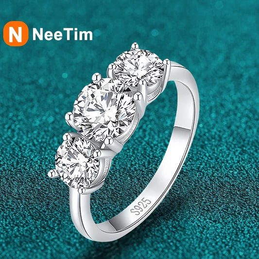 NeeTim 4CT Moissanite Engagement Ring for Women 3-stone S925 Sterling Silver with Gold Plated Wedding Band Promise Diamond Rings