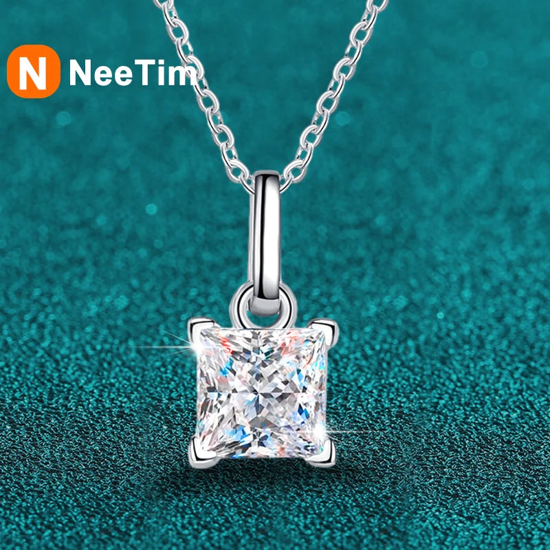 NeeTim 1.2ct Princess Cut Moissanite Necklace Pendant S925 Sterling Silver Party Wedding Dimond Necklaces For Women Certified