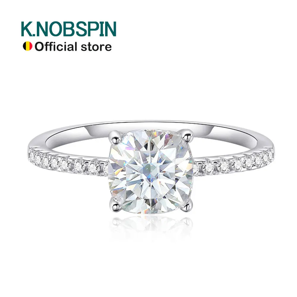 Knobspin D VVS1 Cushion Moissanite Rings for Woman Lab Diamond Wedding Jewelry with GRA S925 Sliver Plated 18k White Gold Ring