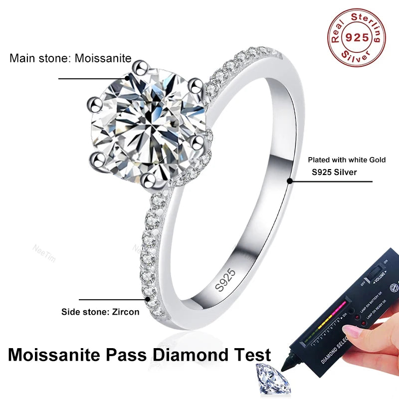 NeeTim 2ct D VVS1 Color Moissanite Engagement Ring For Women 925 Sterling Silver with Gold Plated Rings Wedding Jewelry Bands