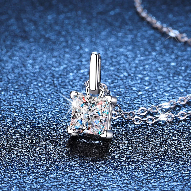 NeeTim 1.2ct Princess Cut Moissanite Necklace Pendant S925 Sterling Silver Party Wedding Dimond Necklaces For Women Certified
