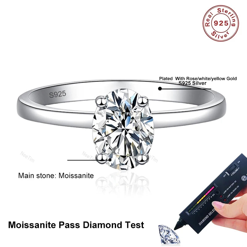 NeeTim 1ct Oval Cut Moissanite Ring for Women Engagement Wedding Lab Diamond s925 Sterling Silver with Gold Plated Rings Jewelry