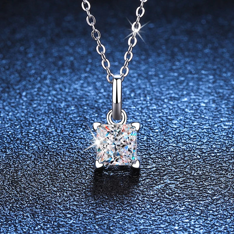 NeeTim 1.2ct Princess Cut Moissanite Necklace Pendant S925 Sterling Silver Party Wedding Dimond Necklaces For Women Certified