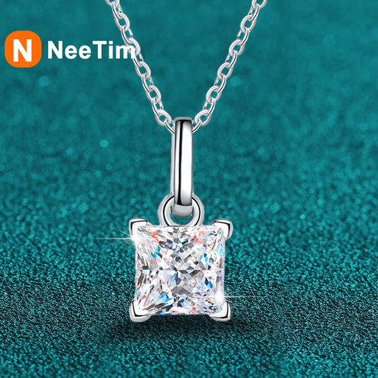 NeeTim 1.2ct Princess Cut Moissanite Necklace Pendant S925 Sterling Silver Party Wedding Dimond Necklaces For Women Certified