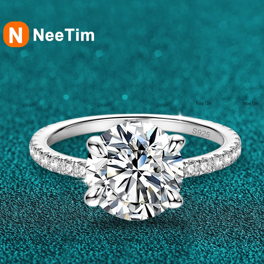 NeeTim 5ct D Color Moissanite Ring S925 Sterling Sliver with Plated White Gold Eternity Band Wedding Engagement Rings For Women