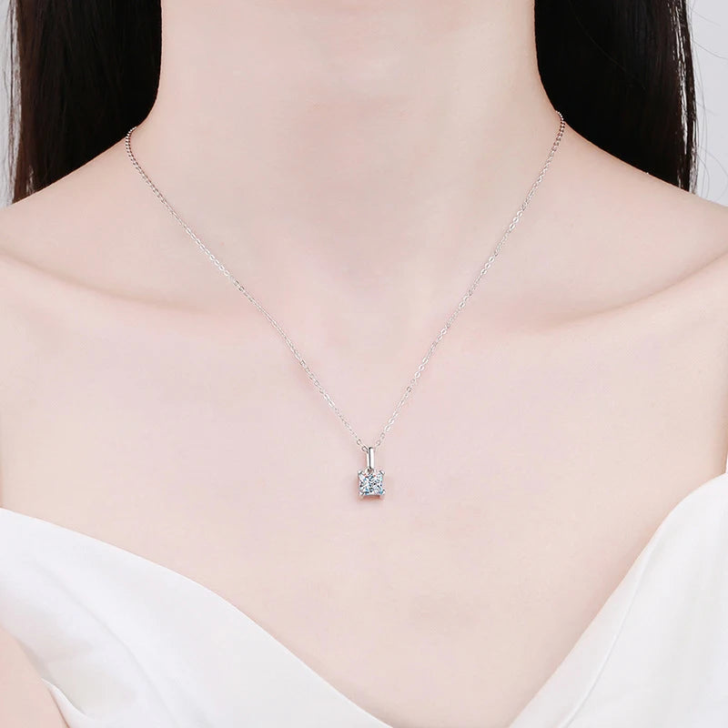 NeeTim 1.2ct Princess Cut Moissanite Necklace Pendant S925 Sterling Silver Party Wedding Dimond Necklaces For Women Certified